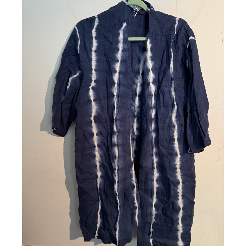 chicos 3 Petite (16-18) Kimono 100% linen tie-dye indigo Three-quarter sleeve